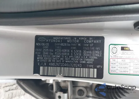 2006 Hyundai Tucson Gls/Limited из США, поврежденный, VIN KM8JN72D46U328243